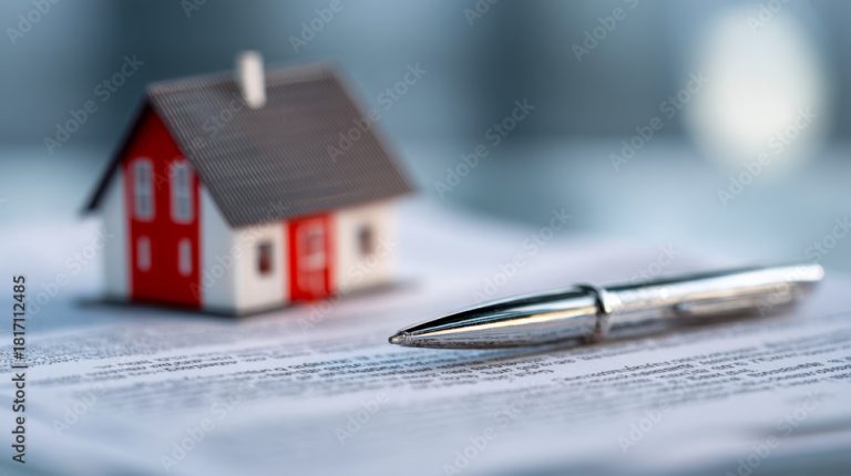 Pen resting on real estate contract with miniature house model in the background symbolizing home ownership and property agreement concepts