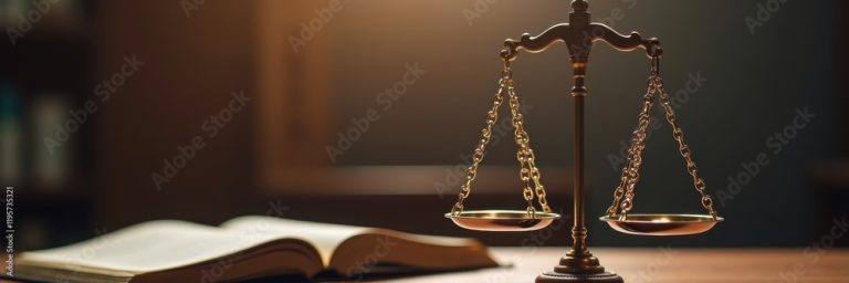 A close-up shot of a golden balance scale beside an open law book, symbolizing justice, law, and legal practices in a professional setting.