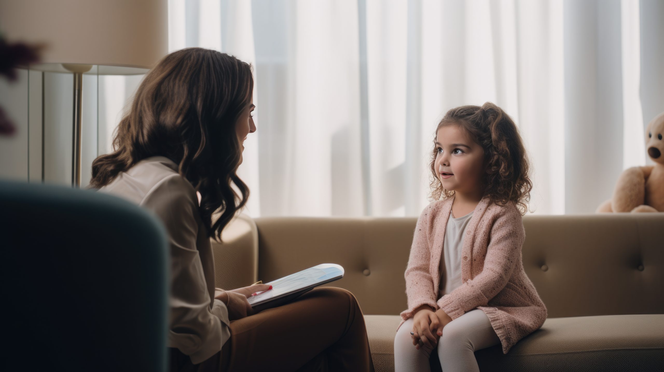 Adult woman holds notebook, talking to curly-haired girl at Child Inclusive Mediation session in Sydney.